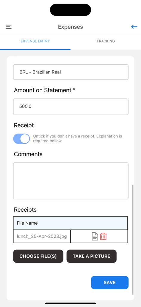 Uma interface móvel para o Safelink App mostrando um formulário de entrada de despesas com campos para moeda, valor declarado e upload de recibo.