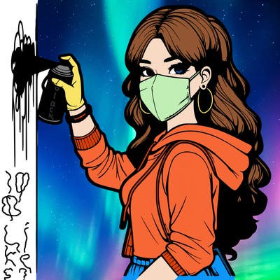 realistic girl with mask spray painting a wall