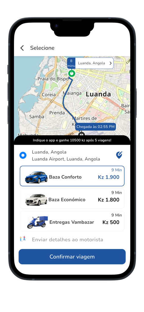 Vambazar - Vambazar app screen showing vehicle selection options and a route map in Luanda