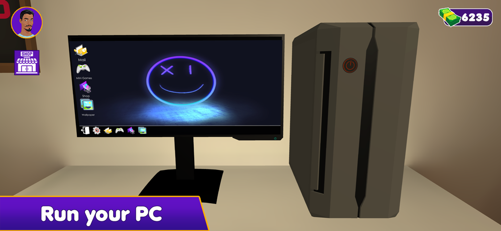 PC Simulator-Assemble Computer - Uma simulação de um desktop e torre de computador com o texto "Run your PC"