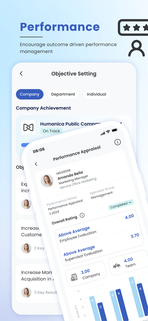 Interfaz de la aplicación móvil Workplaze que muestra puntuaciones de evaluación de desempeño y pantallas de establecimiento de objetivos