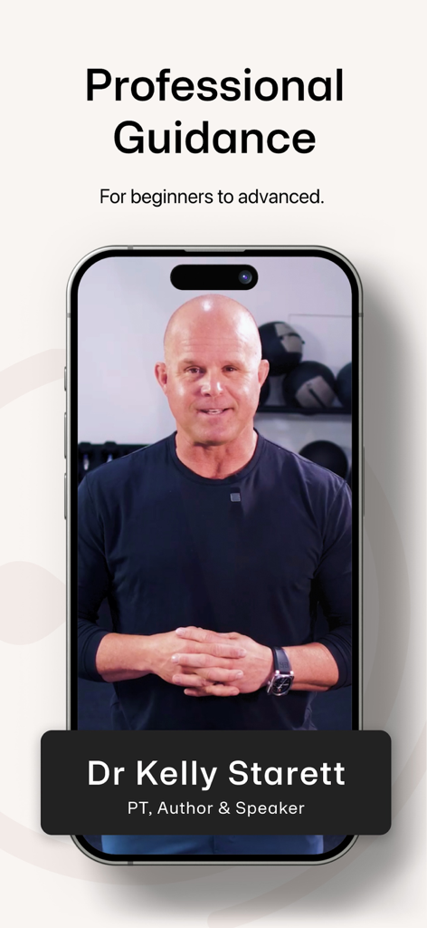 Suji app screen showing professional guidance from Dr Kelly Starrett for beginners and advanced users