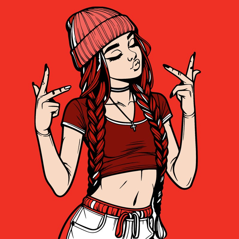 realistic teenage girl with braids and a beanie and crop top doing 🫶🏼