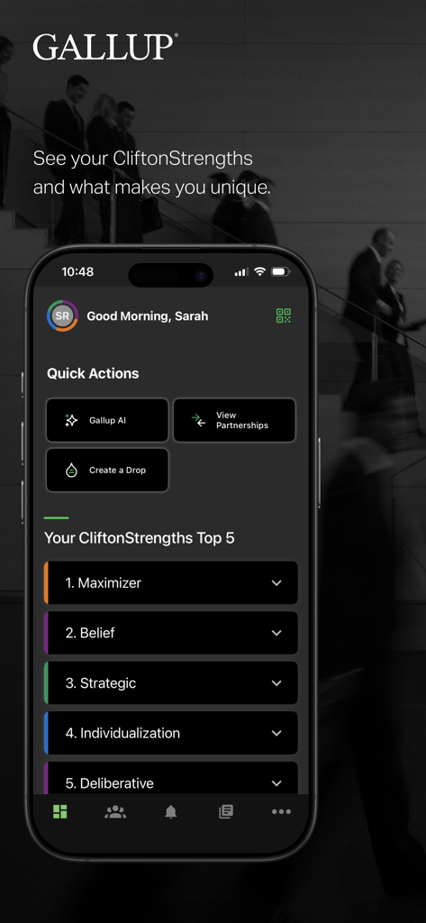 Gallup Access - Gallup Access app dashboard displaying personalized CliftonStrengths top 5 list on a smartphone screen.