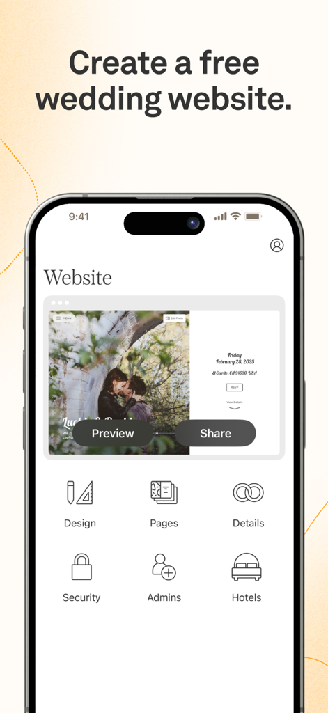 Joy app interface for creating and managing a custom wedding website