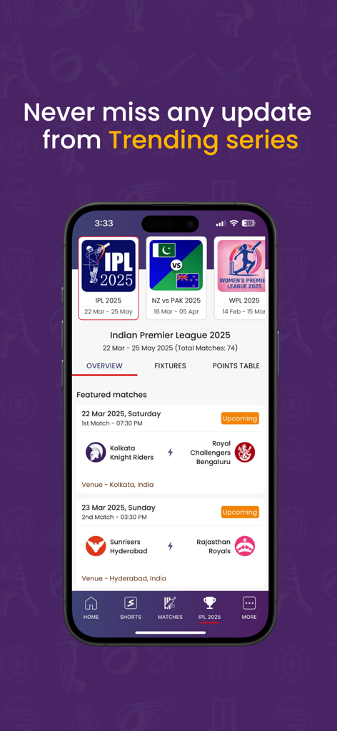 Cricket Guru - Cricket Guru app showing trending series like IPL 2025 and upcoming match fixtures