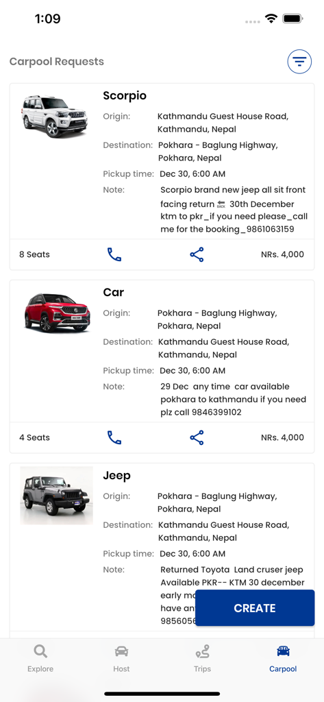 Sajilo Rental - Écran de l'application Sajilo Rental affichant les demandes de covoiturage disponibles pour les véhicules Scorpio et Jeep au Népal.