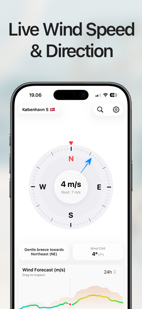 Wind Compass: Predict Speed - Wind Compass app interface showing live wind speed direction and a 24 hour forecast chart on an iPhone