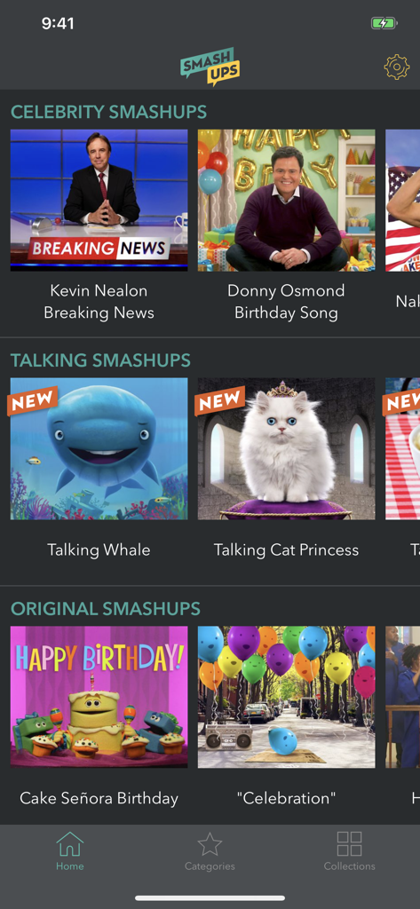 La pantalla de inicio de la aplicación SmashUps con saludos en video de celebridades, personajes animales que hablan y temas de cumpleaños originales.