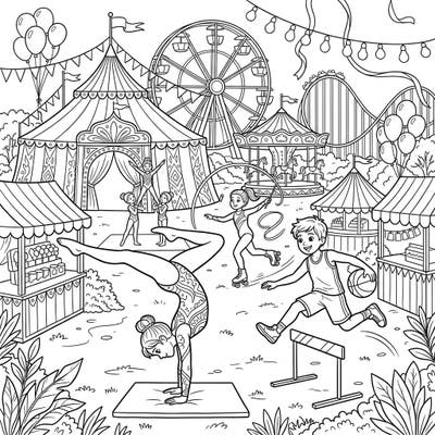 Dive into a world where athletic prowess meets carnival magic with this vibrant coloring page. Featuring teenagers showcasing their skills amidst circus tents, thrilling rides, and festive fairground attractions, it's an action-packed scene awaiting your creative touch.