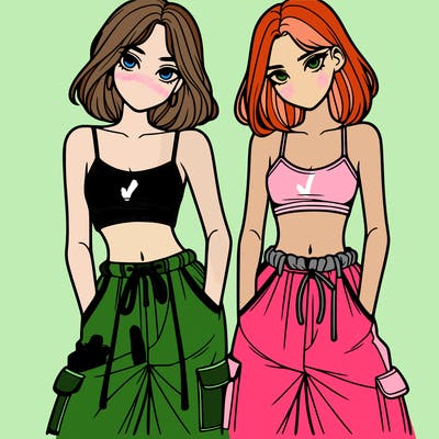 two girls with crop top with baggy pants