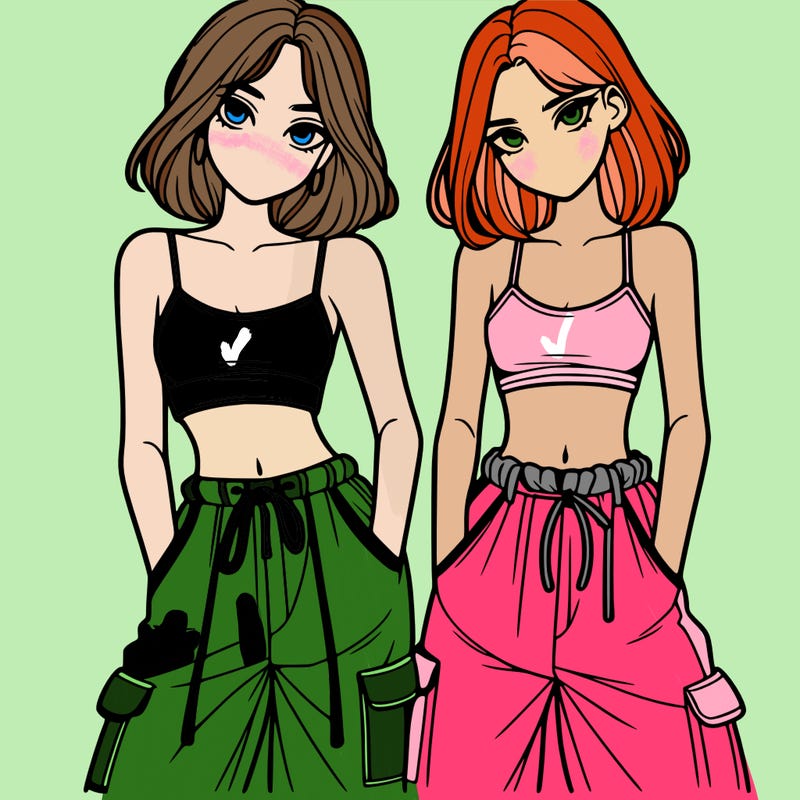 two girls with crop top with baggy pants