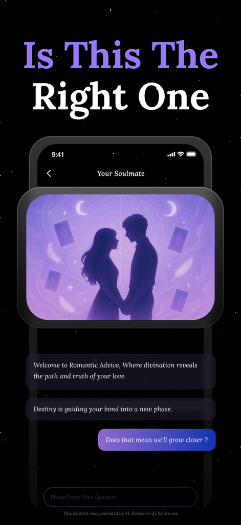 Lunaria AI - Soulmate Drawing - Interfaz de la aplicación Lunaria AI que muestra un chat de consejos románticos con una ilustración de alma gemela y predicciones de destino.