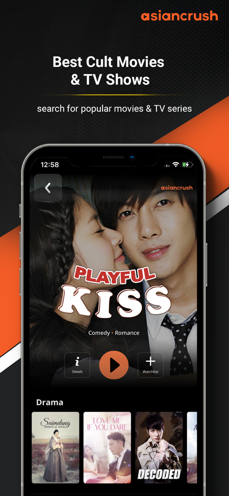 AsianCrush - Movies & TV - AsianCrush mobile app interface showing the K-Drama Playful Kiss and a selection of Asian television series.