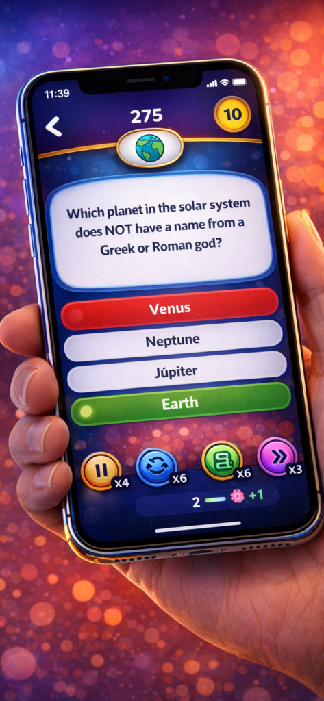 Trivia Quiz: General Knowledge - A hand holding a smartphone showing a science trivia question about planets in the Trivia Quiz app