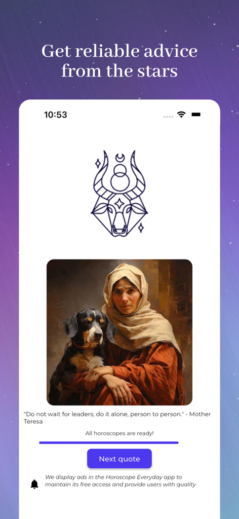 Daily Horoscope app interface showing a Taurus zodiac icon and an inspirational quote