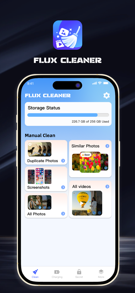 Flux Cleaner-Space Optimize - Flux Cleaner app dashboard showing storage status and options to clean duplicate photos and screenshots