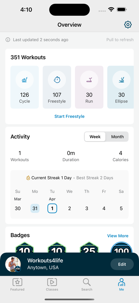 The overview dashboard of the Echelon Fit app displaying workout categories activity stats and earned badges