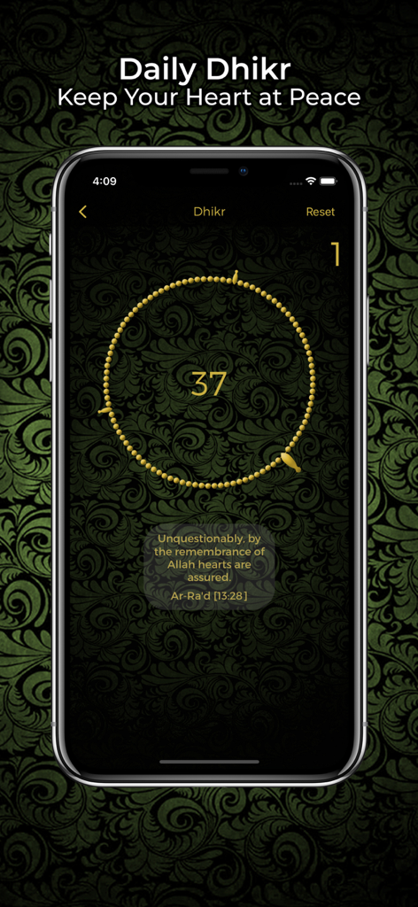 Digital dhikr counter showing circular prayer beads and a religious quote on a mobile screen