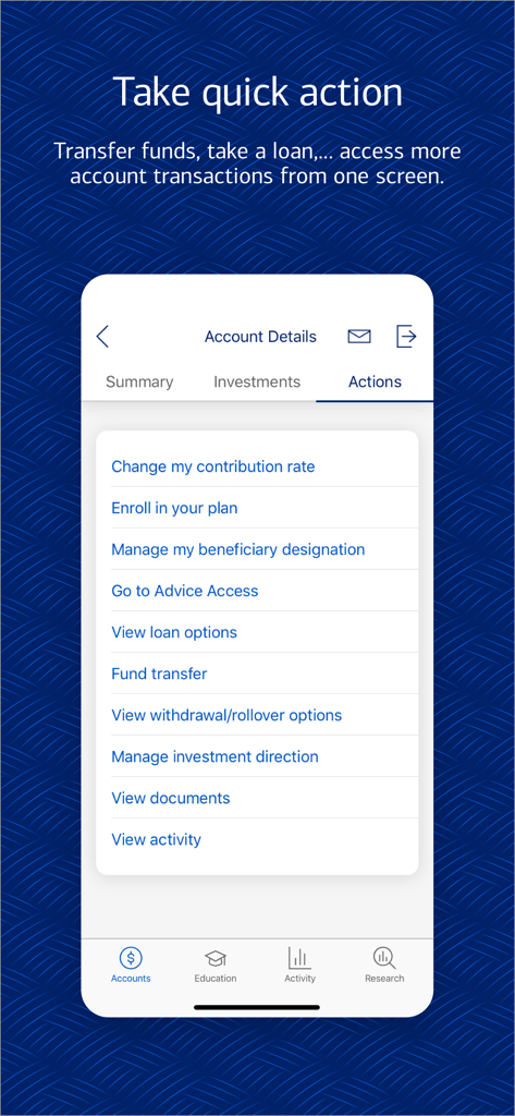 Merrill Benefits OnLine 앱의 인터페이스는 기여율 변경 및 자금 이체와 같은 계정 작업 메뉴를 보여줍니다.