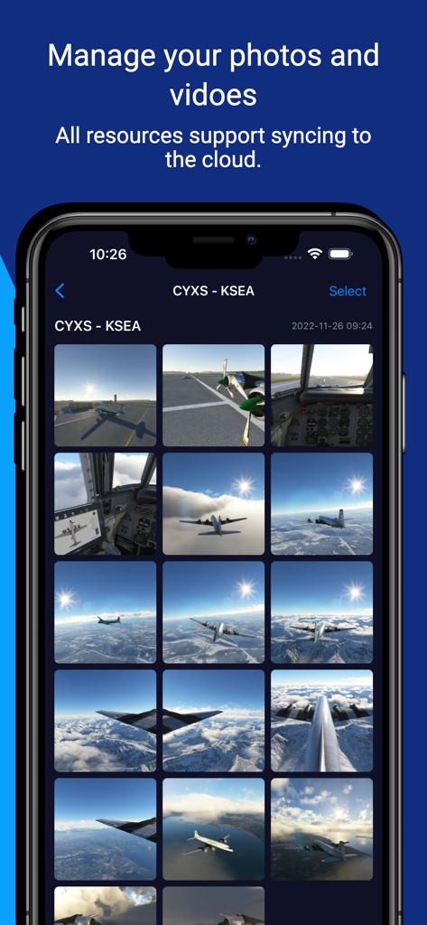 SimFly Pad - SimFly Pad app screen showing a managed gallery of flight simulation photos and videos with cloud sync options