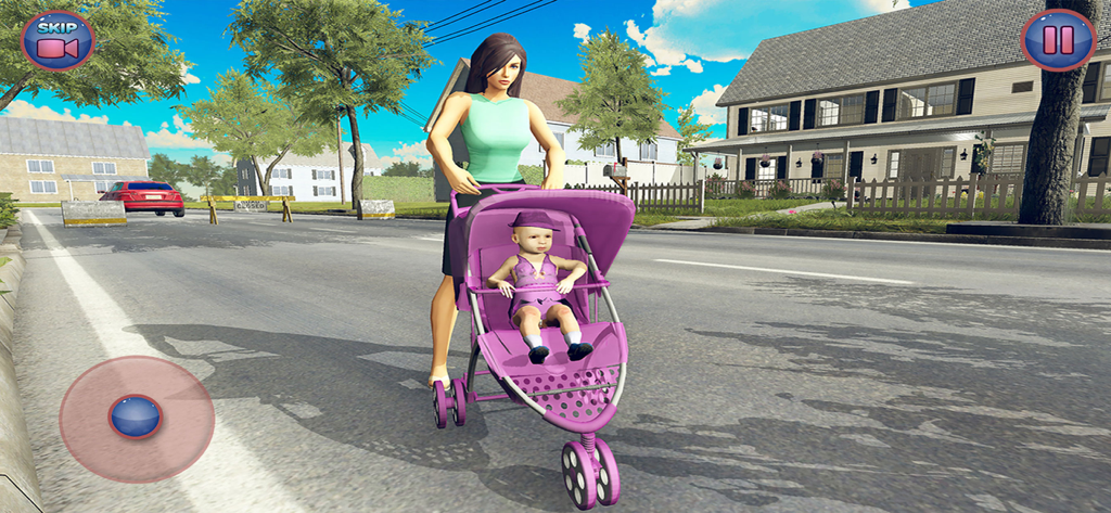 Real Mother Simulator - Mother character pushing a baby in a pink stroller on a suburban street