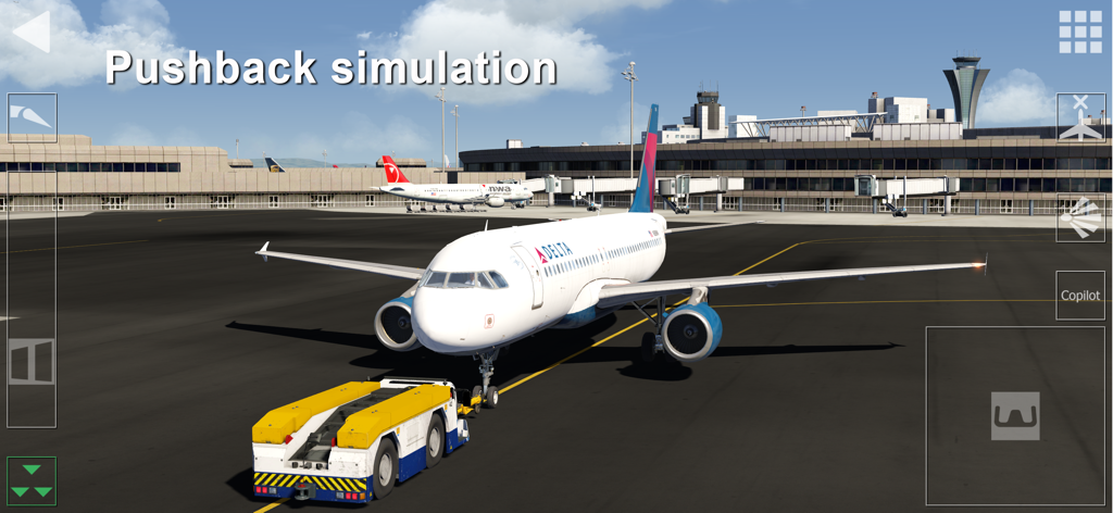 Aerofly FS Global - Delta airliner being pushed by a ground tug at an airport during a pushback simulation
