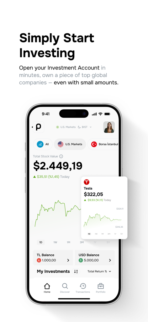 Papara - Écran de l'application mobile Papara montrant un portefeuille d'investissement en actions avec des graphiques de marché et des informations sur l'action Tesla