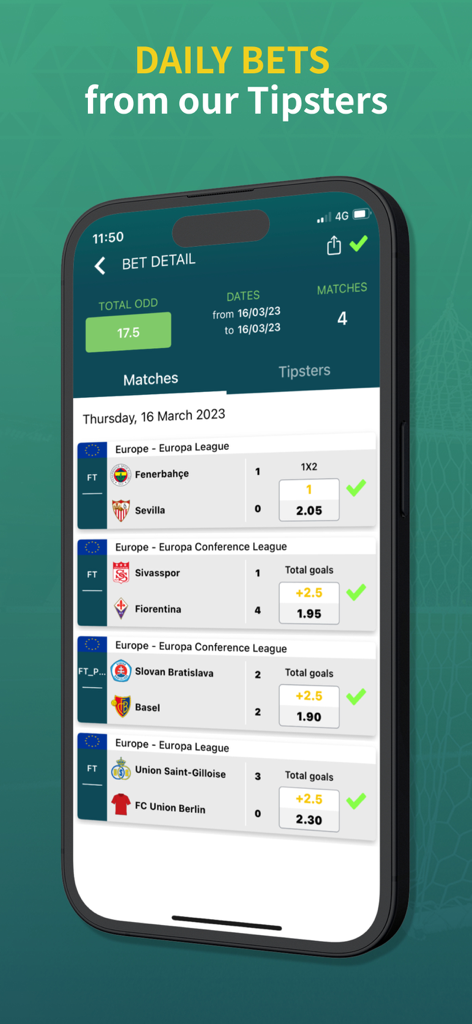 BetMines app screen showing daily football betting tips with match details and odds from top tipsters