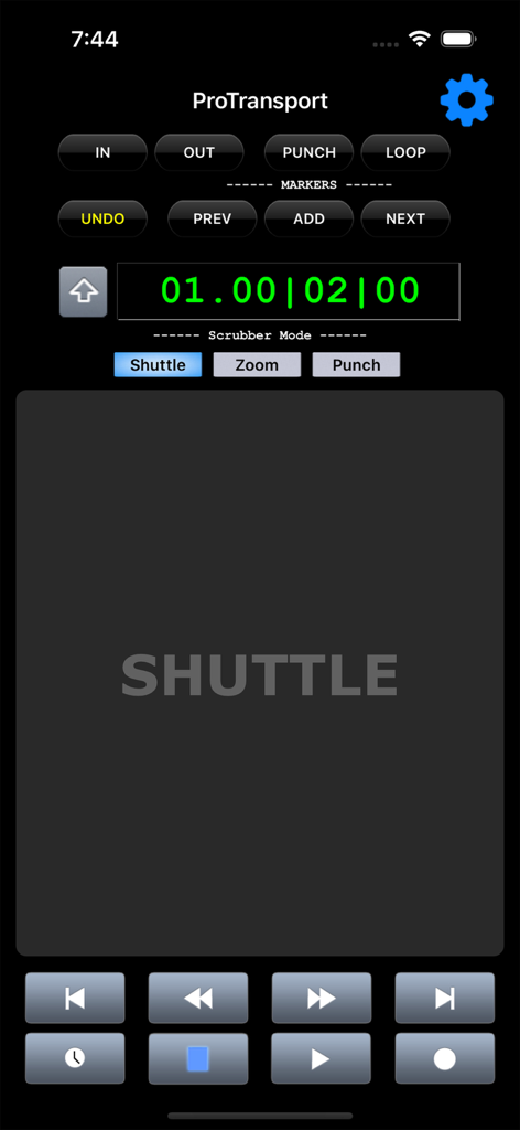 ProTransport - ProTransport app interface for remote DAW control featuring transport buttons and shuttle mode