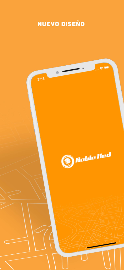 RobleRed app splash screen showing the new design on an orange background with a map pattern