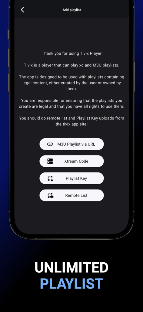 The Add Playlist screen in Tivix IPTV Player displaying options for M3U URL Xtream Code and Remote List