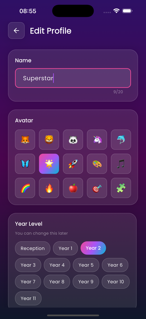 MathsVibes - MathsVibes Profil-Einrichtungsbildschirm mit Namenseingabe, Avatar-Auswahl und Schuljahres-Optionen