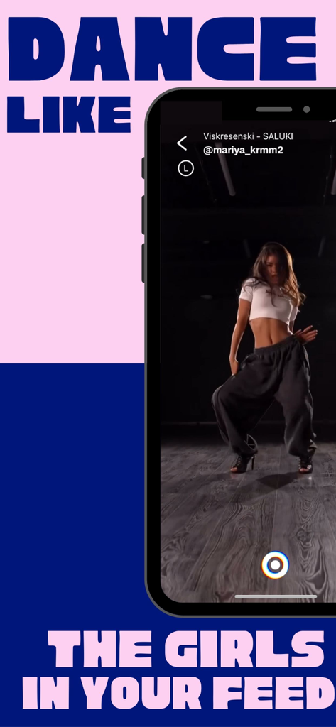 MOVZ: Learn any dance at home - Un smartphone mostrando la interfaz de la aplicación MOVZ con una chica bailando y el texto 'Baila como las chicas de tu feed'