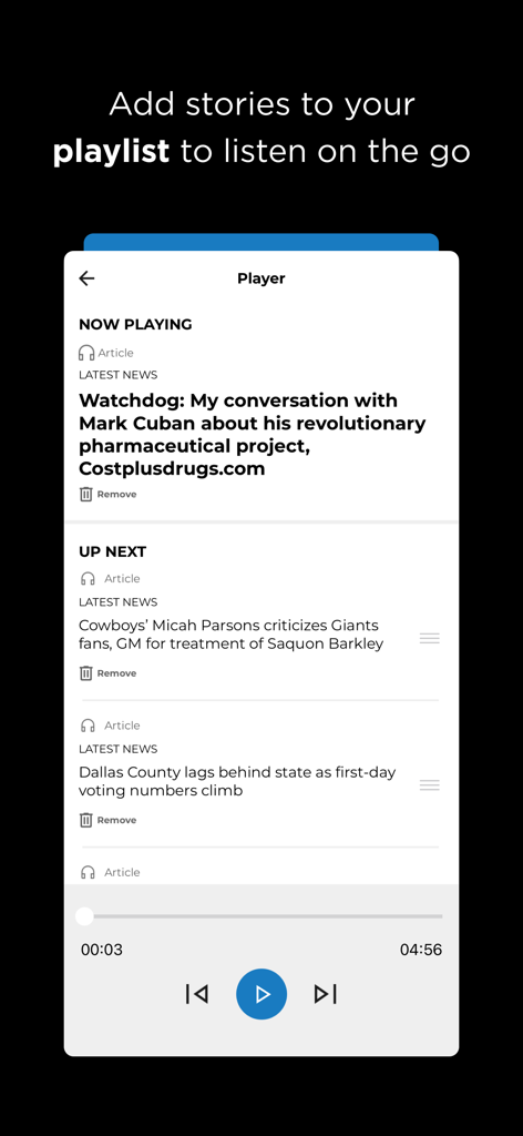 Audio player interface in The Dallas Morning News app showing a playlist for listening to news articles on the go.