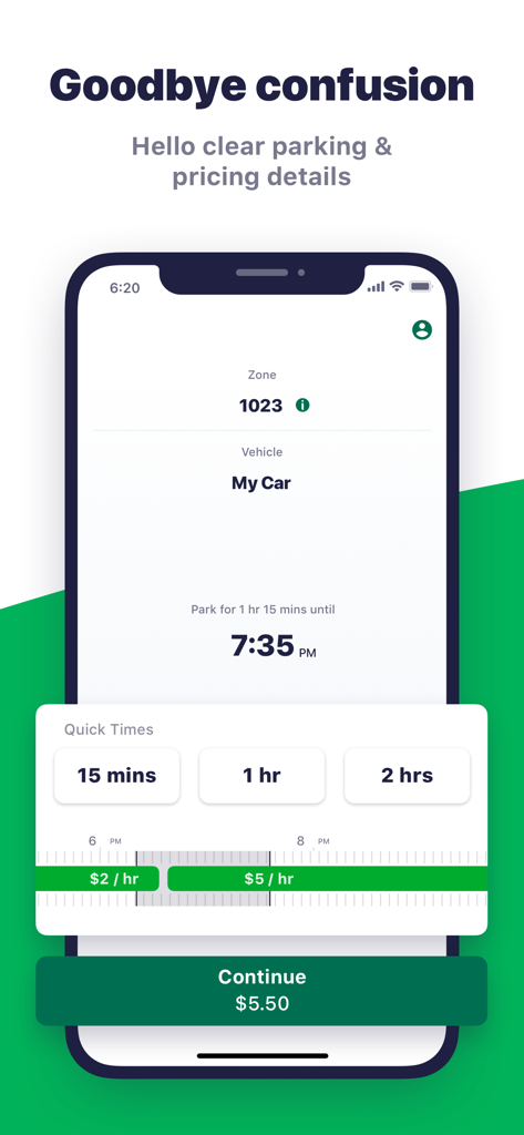 Green P - Interface of the Green P app showing parking duration selection and hourly pricing rates
