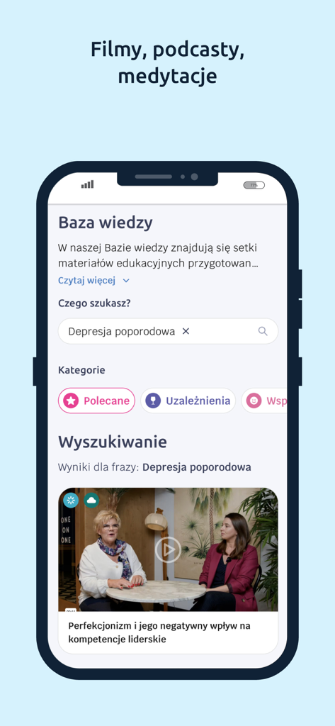 Helping Hand Mental Health App - A screenshot of the Helping Hand Mental Health App knowledge base showing educational videos and search results for mental health topics.