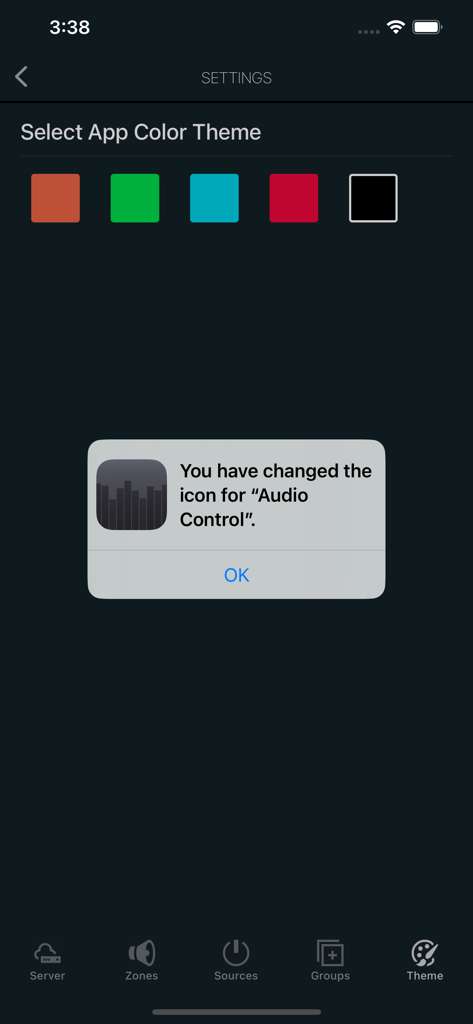 Monoprice Whole Home Audio - App settings screen showing color theme selection options and a popup confirmation for changing the app icon.