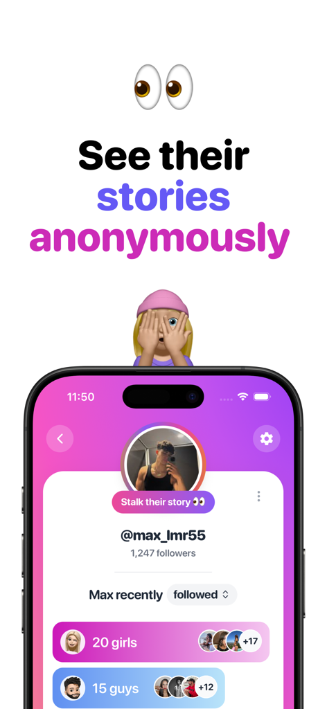 Screenshot of Katch app interface showing the anonymous story viewer feature and recent follow tracking for an Instagram profile