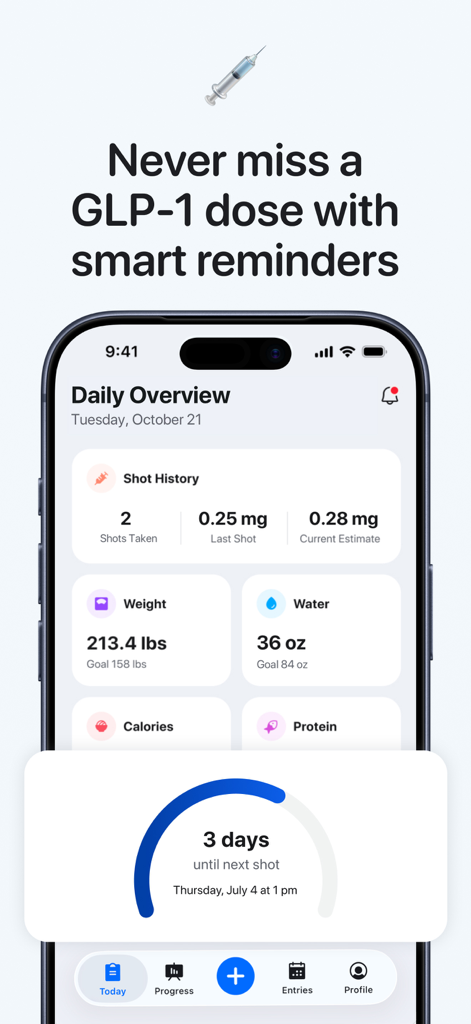 Pep app dashboard showing a countdown until the next GLP-1 injection and tracking for weight, water, and nutrients.