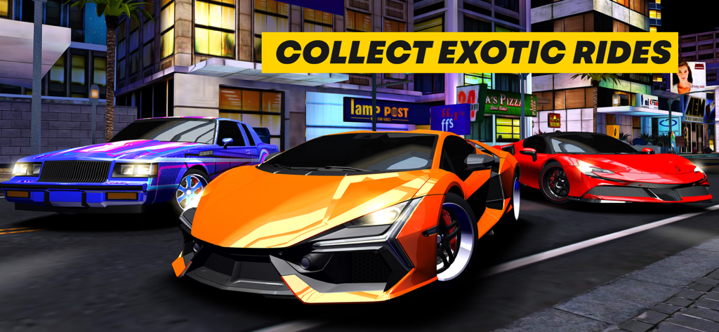 Rush Racing 2 - Drag Racing - Three customized exotic cars parked on a city street at night with the text Collect Exotic Rides