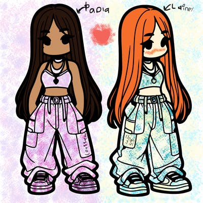 girl in baggy pants crop top and long hair