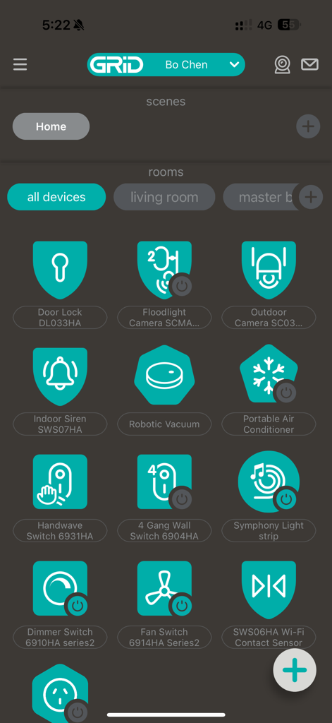 Dashboard of the Grid Connect app showing a variety of smart home device icons.