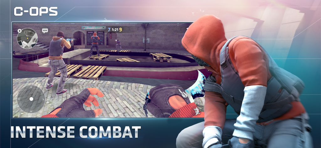 First person perspective of gameplay in Critical Ops showing intense combat with a player holding a tactical knife