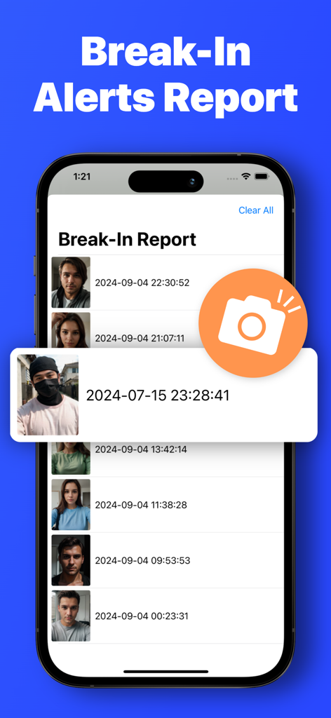 Screenshot der Funktion für Einbruchswarnungen in der Photo Lock App, die Fotos und Zeitstempel von unbefugten Zugriffsversuchen zeigt