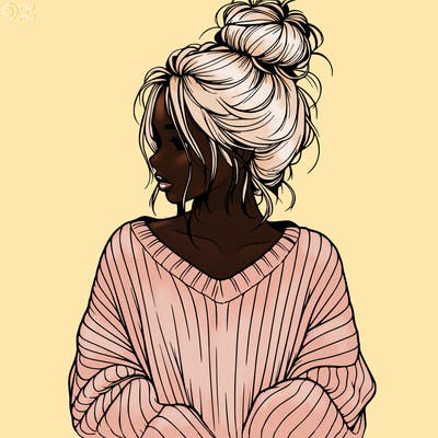 realistic girl wearing a messy bun and an oversized sweater