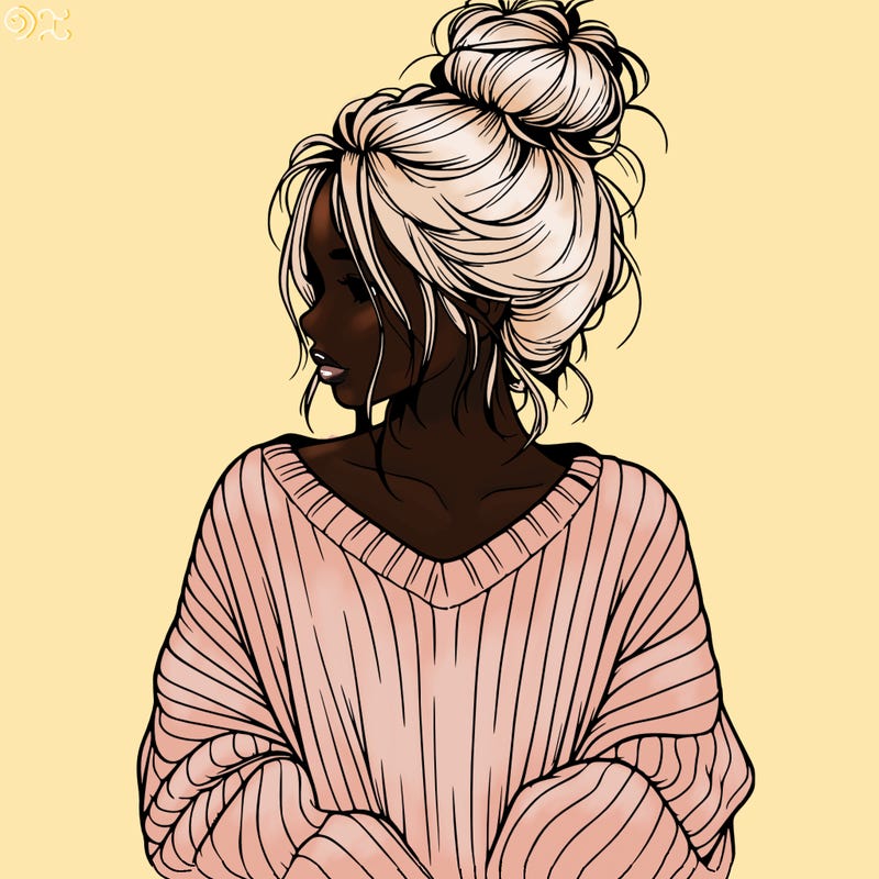 realistic girl wearing a messy bun and an oversized sweater