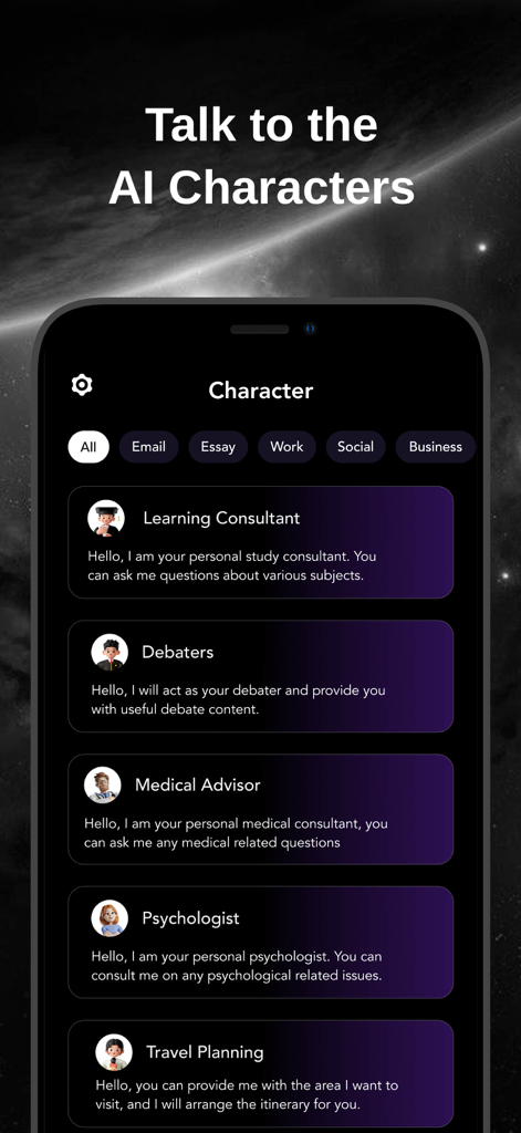 G.AI 4.1 -AI Chatbot Assistant - G.AI 4.1 app interface showing various AI characters like Learning Consultant and Medical Advisor