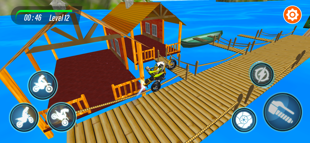 Bike Stunt Racing Extreme 3D - Une moto effectuant une cascade sur une jetée en bois dans un jeu de course 3D.
