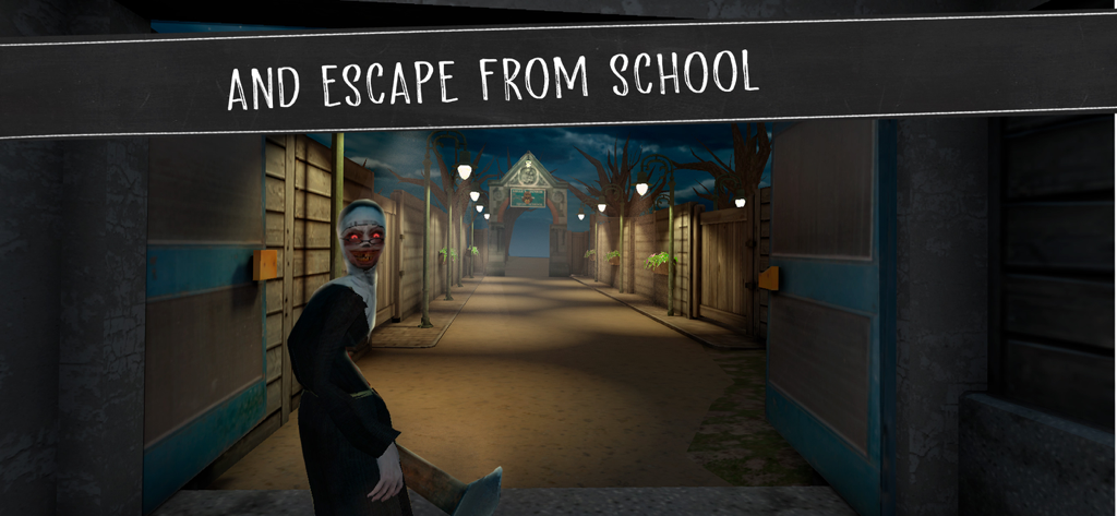The horror character Sister Madeline at the school courtyard entrance at night